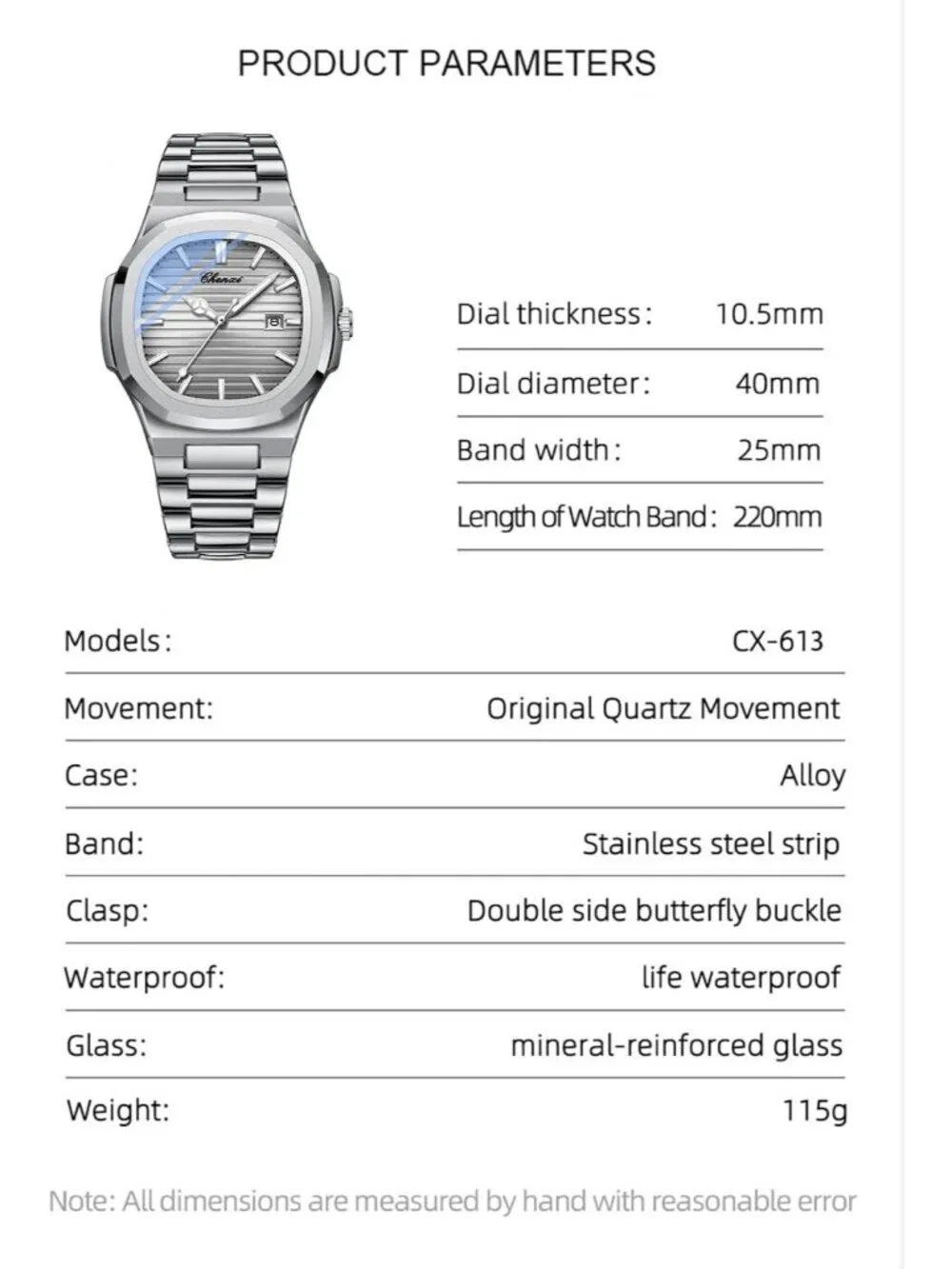 Men's Grey Stainless Steel Strap Quartz Movement Waterproof Date Wrist Watch